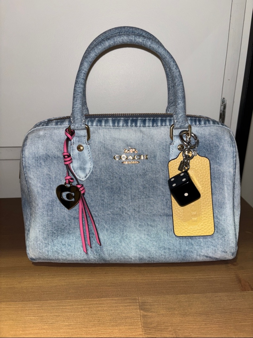 Coach Light Blue Medium Denim Rowan Satchel with Yellow and Pink Charms